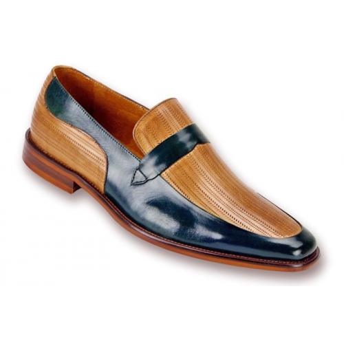 Steven Land Navy Blue / Tan Perforated Leather Slip-On Shoes SL0011
